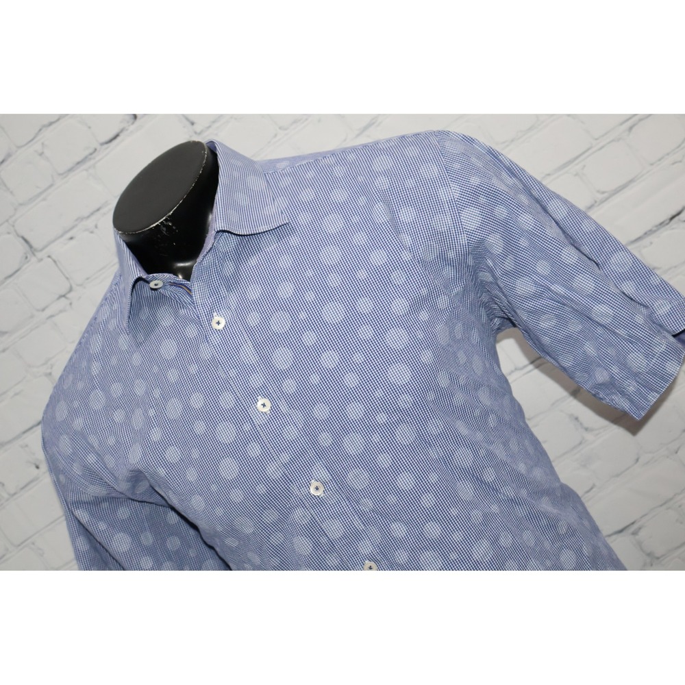 Bugatchi Shirt Men 2XL Blue Gingham Polka Dot Classic Fit Short Sleeve Cotton
